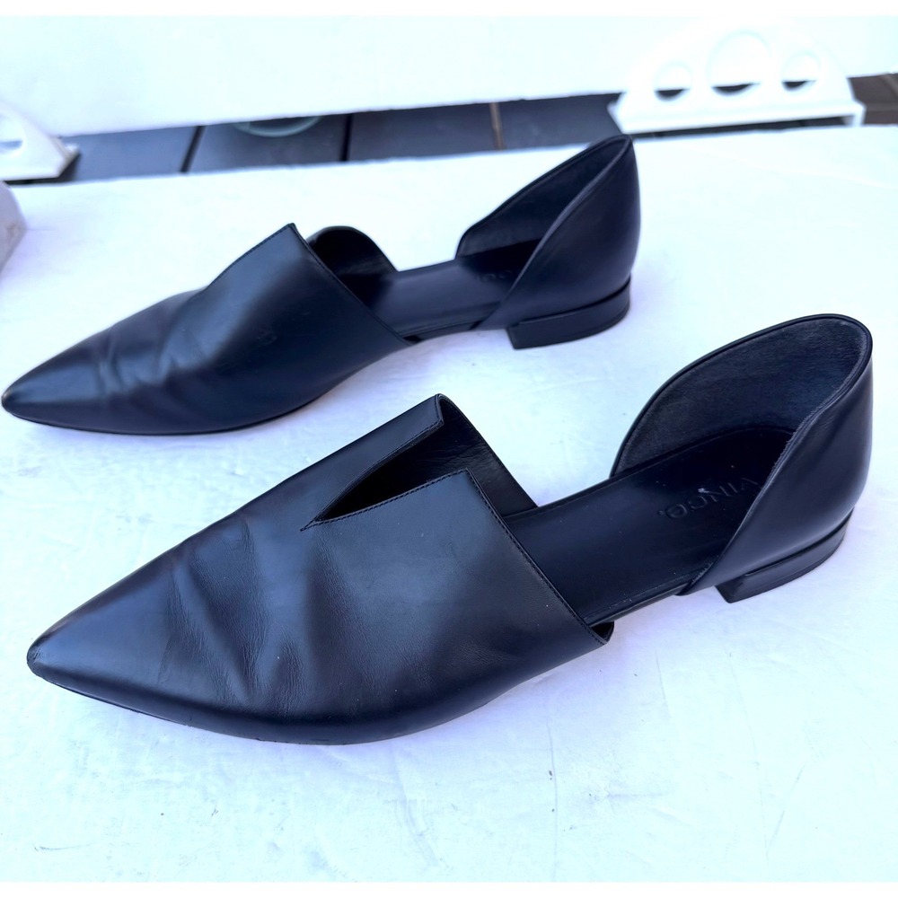 Vince Nina Black Leather V-Cut Slip On Pointed Toe D'Orsay Flat Shoes 8.5M